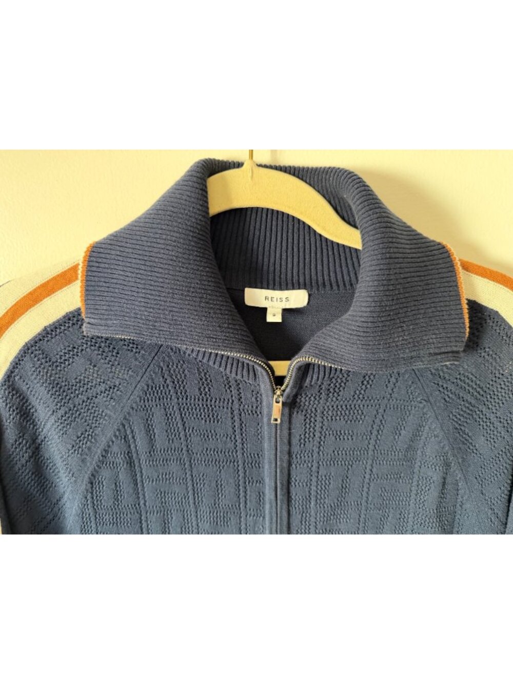 Reiss Navy Textured Knit Full-Zip Track Jacket With Striped Sleeves - Size S - Picture 9 of 9